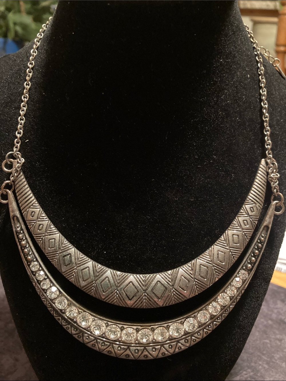 Statement Silver-Tone Double Crescent Necklace with Rhinestone Accents